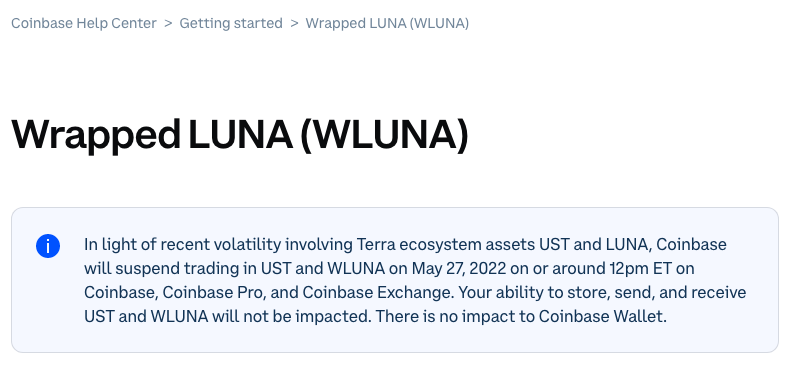 Coinbase suspends UST and WLUNA trading